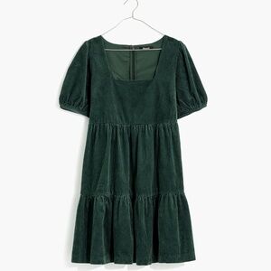 Madewell: Corduroy Aidy Square-Neck Tiered Mini Dress in Forest